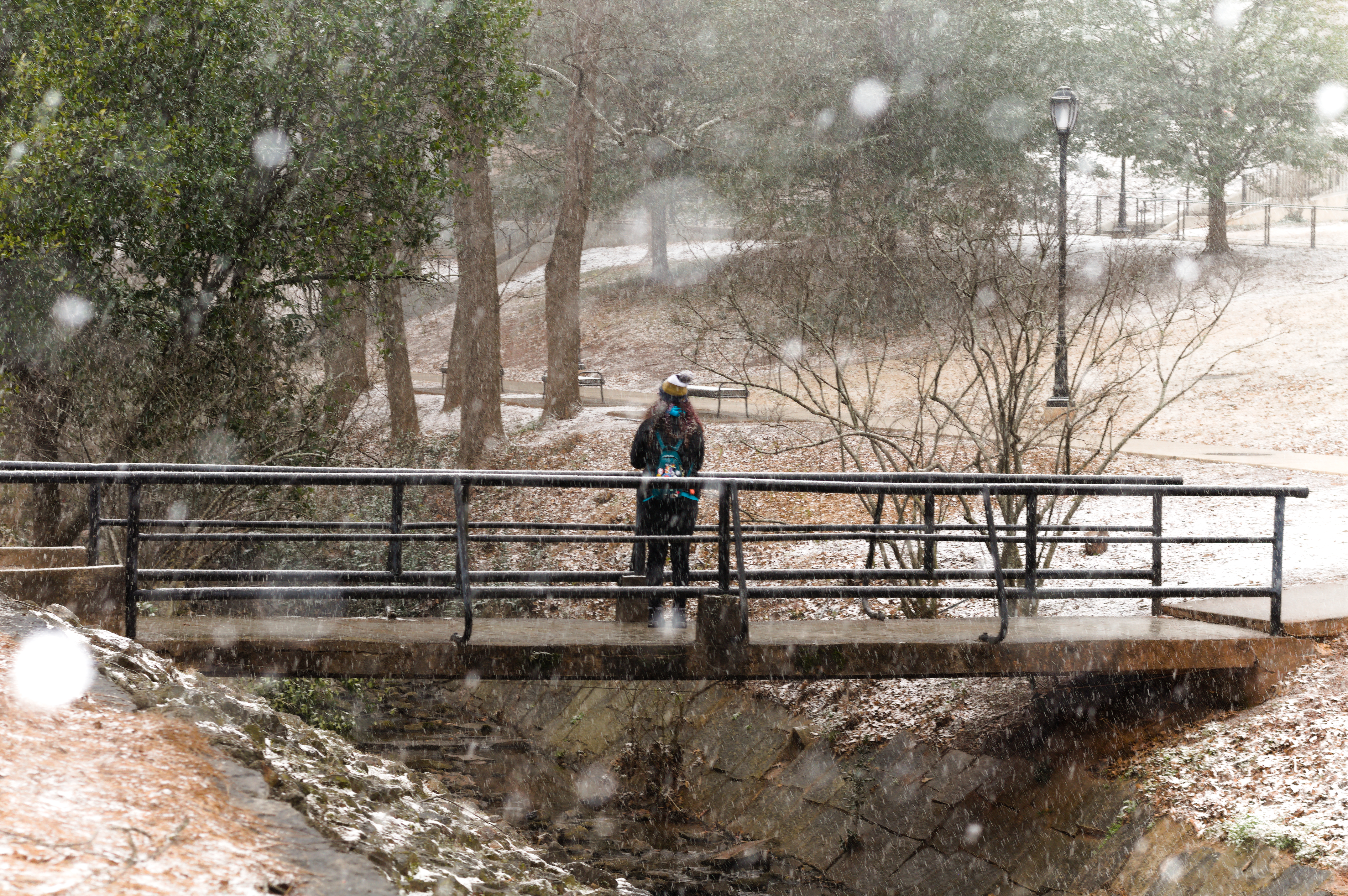 Elsa on a bridge in the snow